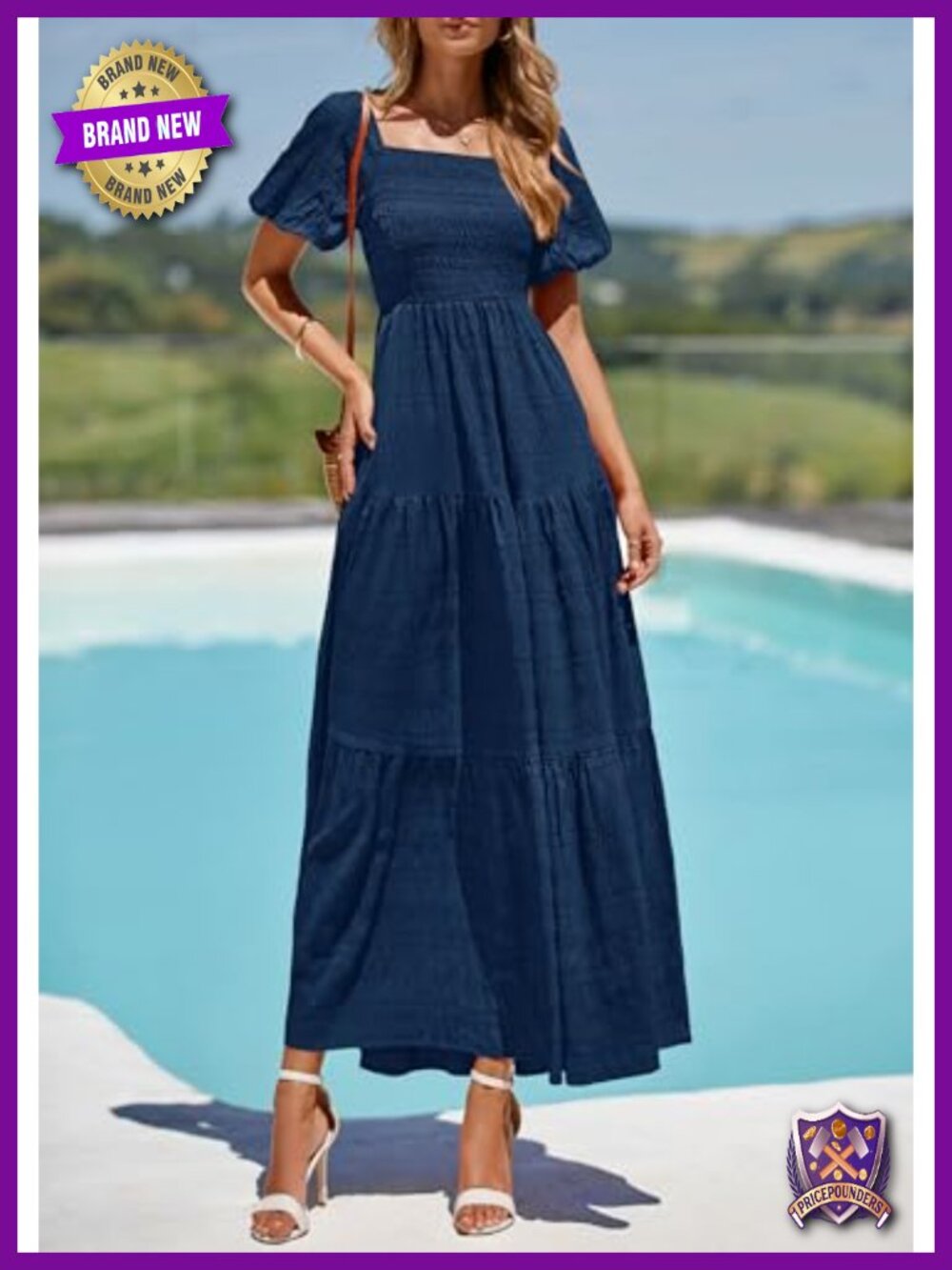 Puff Short Sleeve Maxi Dress Square Neck Smocked Tiered Ruffle A Line Long - Picture 3 of 6